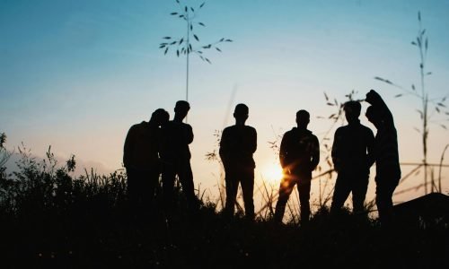 A group of friends silhouetted against the sunset, enjoying a moment in nature.